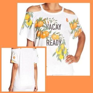 Lucky Brand T Shirt Cold Shoulder XS Vacay Ready Top Shirt Summer Fruit White
